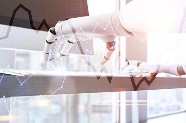 Yazma ve bilgisayar fare kullanma office robot el kapatın. Çift pozlama grafikler. Geleceğin teknolojisi kavramı. 3D render tonlu görüntü