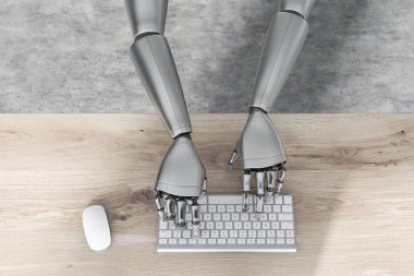 Top view of gray robot hands typing on computer keyboard standing on wooden table. Concept of future technology. 3d rendering