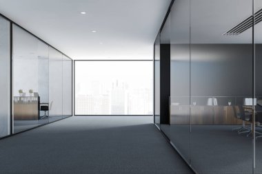 Office lobi ile siyah ve beyaz duvarlar, gri halı zemin, ahşap mobilyalı Kasalar ve kütüphaneler cam duvarları gördün. 3D render