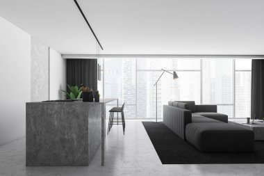 Şık mutfak ve oturma odası beyaz ve taş duvarlar, taş zemine, panoramik pencere ile taş tezgah ile iç bar ve dışkı ve rahat gri kanepe. 3D render