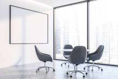 Ofis Bekleme Odası beyaz duvarlar, panoramik pencere, beton zemin, yuvarlak masa ve yatay poster yakınındaki gri koltuklar ile köşesinde. 3D render alay
