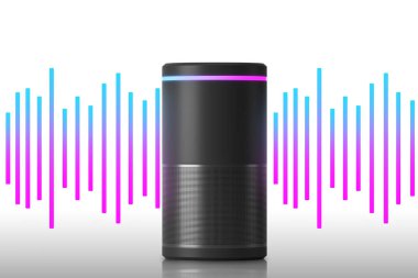 Mavi kırmızı ses dalgası ile beyaz arka plan üzerinde duran kontrollü akıllı hoparlör ses. Teknoloji ve elektronik kavramı. 3D render