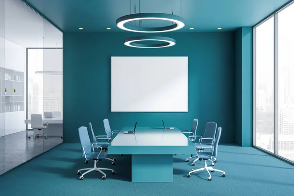 Interior of modern meeting room with blue walls, blue carpet on the floor, panoramic window, long table with chairs and horizontal poster. 3d rendering mock up