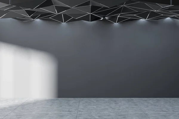 暗い灰色の壁 タイル張りの床 幾何学模様と黒の天井と空の部屋のインテリア レンダリング — ストック写真
