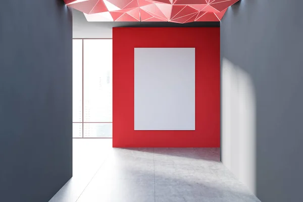 Interior of empty corridor with gray and red walls, tiled floor, large window, red ceiling with geometric pattern and vertical poster on the wall. 3d rendering mock up