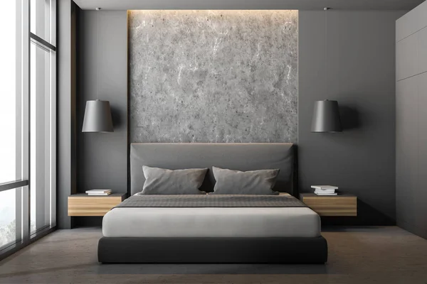 现代卧室的正面 有灰色和石墙 石地板 大窗户 灰色主床与木制床头柜和灰色衣柜 — 图库照片