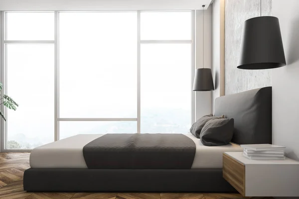 现代卧室的侧视图 白色和石墙 木地板 灰色主床与木制床头柜和大窗户 — 图库照片