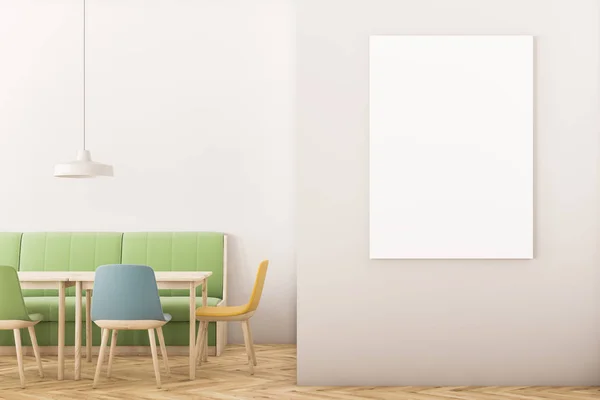现代咖啡馆的内部 白色的墙壁 木地板 拱形的窗户 长长的绿色沙发和方形的木桌与柔和的彩色椅子 垂直海报 渲染模拟 — 图库照片