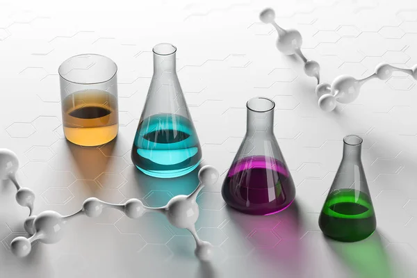 Vier Reageerbuisjes Met Gekleurde Vloeistof Staan Witte Tafel Met Molecuul — Stockfoto