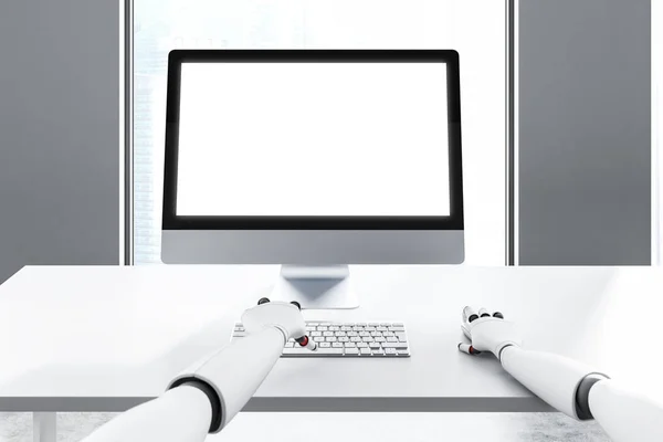 Vista Frontal Las Manos Robot Escribiendo Utilizando Ratón Computadora Oficina — Foto de Stock