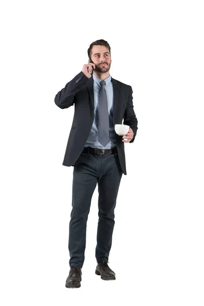 Isolated Portrait Handsome Young Businessman Beard Holding White Cup Talking — Stock Photo, Image