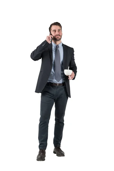 Retrato Aislado Joven Hombre Negocios Guapo Con Barba Sosteniendo Taza — Foto de Stock