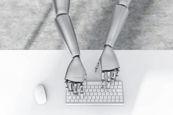 Top View Gray Robot Hands Typing Computer Keyboard Standing White — Stock Photo, Image