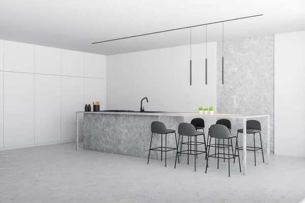 Side view of modern kitchen with white and stone walls, stone floor, stone countertop with built in sink and oven and bar with gray stools. 3d rendering