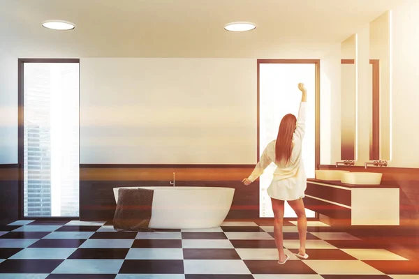 Woman Interior Stylish Bathroom White Gray Brick Walls Tiled Floor — Stock Photo, Image