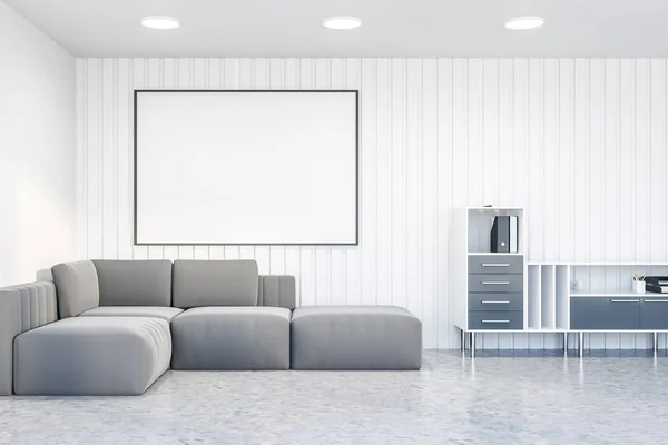 Minimalistic Living Room Interior White Walls Concrete Floor Long Gray — Stock Photo, Image