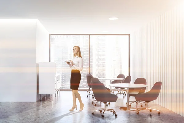 Businesswoman Interior Office Waiting Room White Walls Concrete Floor Panoramic — Stock Photo, Image