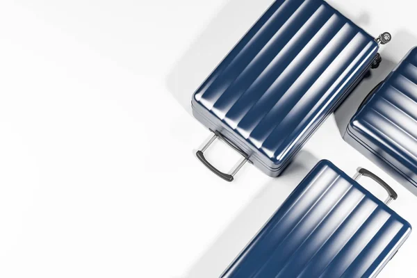 Top View Three Stylish Dark Blue Suitcases Lying White Surface — Stock Photo, Image