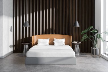 Beton ve ahşap duvarlar, beton zemin, Çift Kişilik Yatak, iki başucu tablo ile yatak iç şık lambaları ve bitki saksı. 3D render