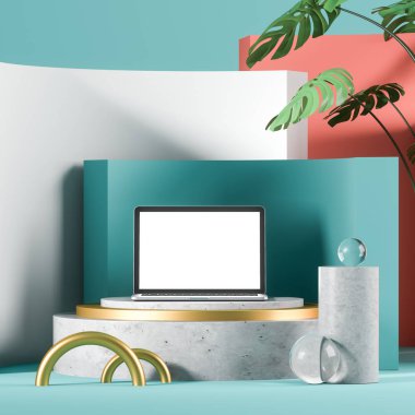 Geometrik figürler ve podyum laptop ayakta Merkezi ile parlak arka plan. Pazarlama ve ürün yerleştirme kavramı. 3D render alay