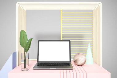 Pembe yüzey borular ve geometrik figürler ile arka plan üzerinde modern dizüstü ayakta. 3D render alay