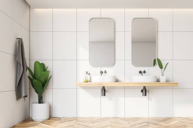 Modern banyo beyaz taş duvarlar, ahşap zemin, çift lavabo ayakta ahşap raf ve üstündeki iki aynalar iç. 3D render