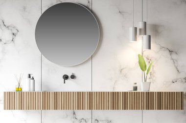 Ahşap banyo lavabo yuvarlak ayna yukarıdaki oda beyaz mermer duvarlar ve özgün lambalar ile yer ile kapatın. 3D render