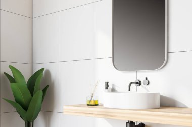 Ahşap raf üstündeki aynaya Oda beyaz çini duvarlı ile ayakta banyo lavabo yan görünüm. 3D render