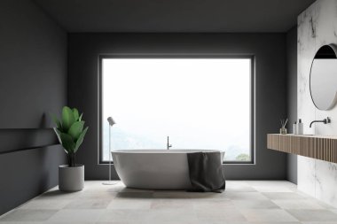 Gri ve beyaz mermer duvarları, geniş pencere, lüks banyo iç beyaz zemin, beyaz küvet ve ahşap lavabo yuvarlak ayna ile döşenmiş. 3D render