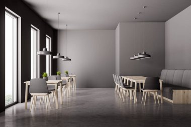 Modern café gri duvarlar, beton zemin, çatı windows iç, gri sandalyeler ve yumuşak Kanepeli kare ahşap masa duvara yakın. 3D render
