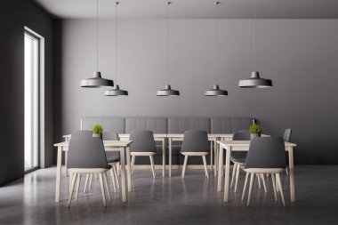 Loft Restoran gri duvarlar, taş zemine, gri sandalyeler ve rahat uzun Kanepeli kare ahşap masa ile iç. 3D render
