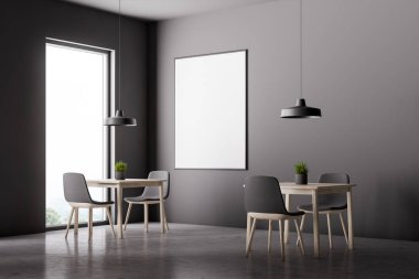 Gri duvarlar, taş zemine, gri sandalye ve dikey poster ile kare ahşap masa ile modern kafe köşesinde duvara. 3D render alay