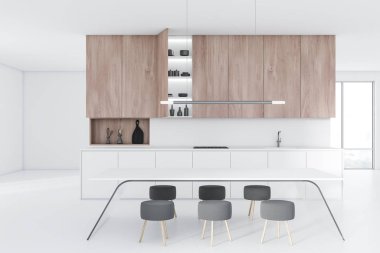 Beyaz duvarlar ve zemin, beyaz mutfak tezgahı, ahşap dolaplar ve beyaz ve cam masa yuvarlak sandalye ile modern mutfak iç. 3D render