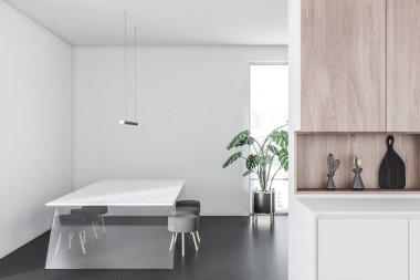 Beyaz duvarları, gri zemin, beyaz mutfak tezgahı, ahşap dolapları ve beyaz ve cam masa yuvarlak sandalye ile modern mutfak iç. 3D render