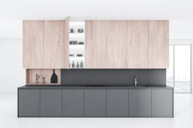 Beyaz duvarlar ve zemin, geniş pencere, yapılı içinde lavabo ile gri mutfak tezgahı ve Ocak ve ahşap dolapları modern mutfak iç. 3D render