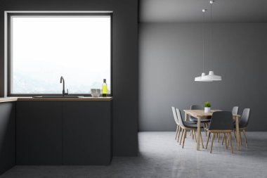 Gri duvarlar, taş zemine, pencere ve gri sandalye ile ahşap masa altında koyu gri tezgah inşa lavabo ile şık mutfak iç. 3D render