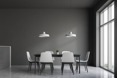 Minimalist yemek odası iç gri duvarlar, beton zemin, geniş pencere ve beyaz sandalye ile uzun siyah ahşap masa. 3D render