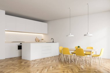 Beyaz duvarları, ahşap zemin, beyaz mutfak tezgahı ve dolapları, beyaz bar ile şık mutfak köşe lavabo ve ahşap masa sarı sandalye ile inşa. 3D render