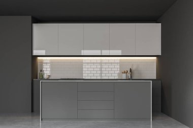 Gri duvarlar, beton zemin, tencere, beyaz dolapları ile yapılı içinde lavabo ile gri ada gri mutfak tezgahı ile minimalist mutfak iç. 3D render