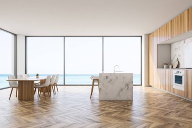 Beyaz duvarları, ahşap zemin, mermer bar tabureleri, ahşap mutfak tezgahı ve beyaz sandalye ile ahşap masa ile panoramik mutfak iç. 3D render