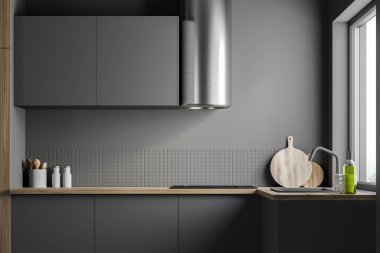 İç modern mutfak gri duvarlar, büyük pencere, gri ve ahşap mutfak tezgahı ile inşa tencere ve lavabo ve gri dolabı. 3D render