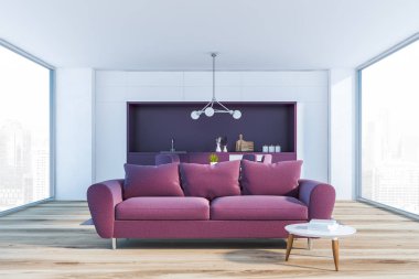 Modern oturma odası beyaz duvarlar, ahşap zemin, panoramik pencerelere, kanepe kırmızı ve beyaz sehpa ve arka planda Mor mutfak iç. 3D render