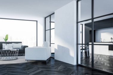 Beyaz duvarları, koyu ahşap zemin, panoramik pencere ve beyaz koltuk sehpa yanındaki gri kanepe ile şık oturma odası iç. 3D render