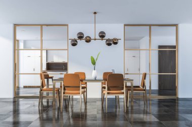 İç modern yemek odası beyaz duvarlı, karanlık döşeli kat, dizüstü bilgisayar ve kahverengi sandalye siyah tablo. 3D render