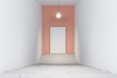Ahşap çerçeve ayakta merdiven ile pembe ve beyaz koridorda poster kadar boş dikey sahte. 3D render
