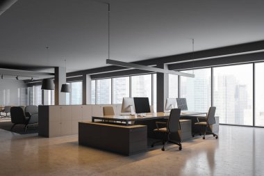 Gri duvarlar, beton zemin, gri koltukları ve dinlenme salonu ile gri bilgisayar masaları ile panoramik office köşesinde. 3D render