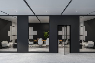 Ofis toplantı salonu ile siyah beyaz duvarlar, beton zemin, beyaz sandalye ile uzun ahşap masa lobiden görüldüğü gibi. 3D render