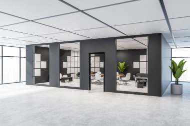 Siyah ve beyaz toplantı salonu beton zemin, beyaz sandalye ile uzun ahşap masa ve gri ve beyaz kanepeler ile modern ofis lobisinde. 3D render
