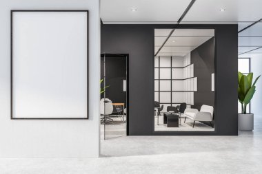 Siyah ve beyaz duvarlar, beton zemin, beyaz kanepe ve gri tekli siyah sehpa ve lobi posterdeki yakınında bekleyen oda ofis iç. 3D render alay