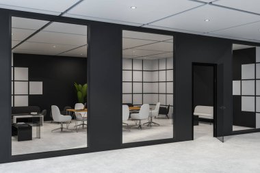 Toplantı salonu ile siyah beyaz duvarlar, beton zemin, beyaz sandalye ile uzun ahşap masa lobiden görüldüğü gibi office yan görünüm. 3D render
